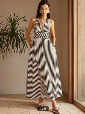 Commense Black and White Halter Stripe Maxi Dress - Women